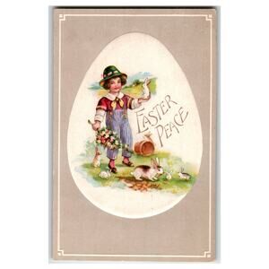 Vintage Easter Postcard Child Rabbits Flowers "Easter Peace" H Series No. 96